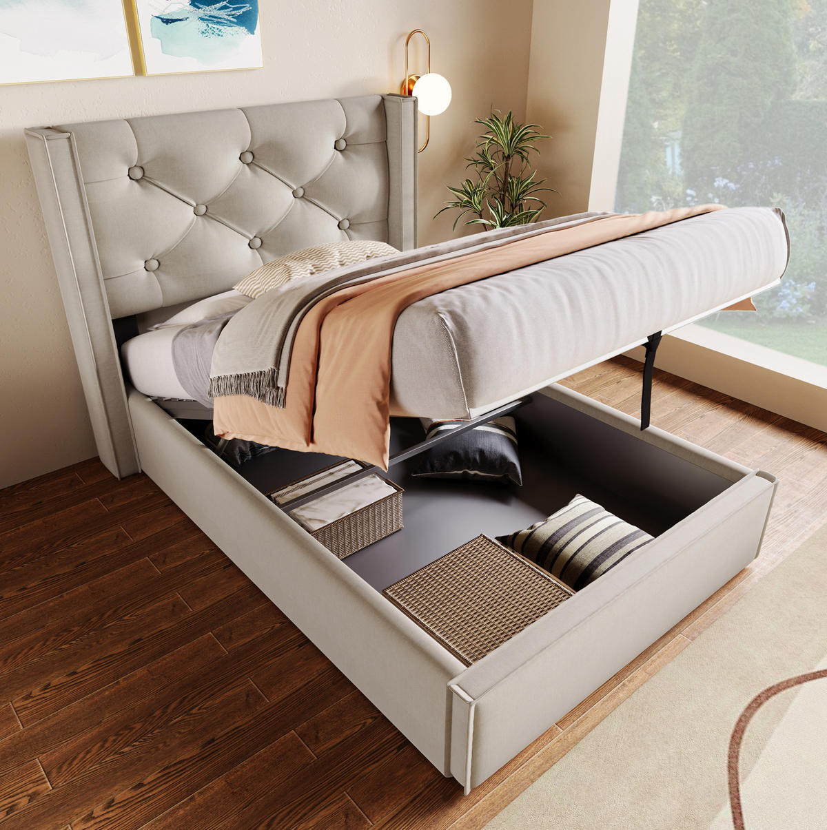 TAPECIRANI krevet 90/200 cm svijetlosivi od pamuka s podiznim letvičastim podom i spremištem - svijetlo siva, tekstil (90/200cm) - OKWISH