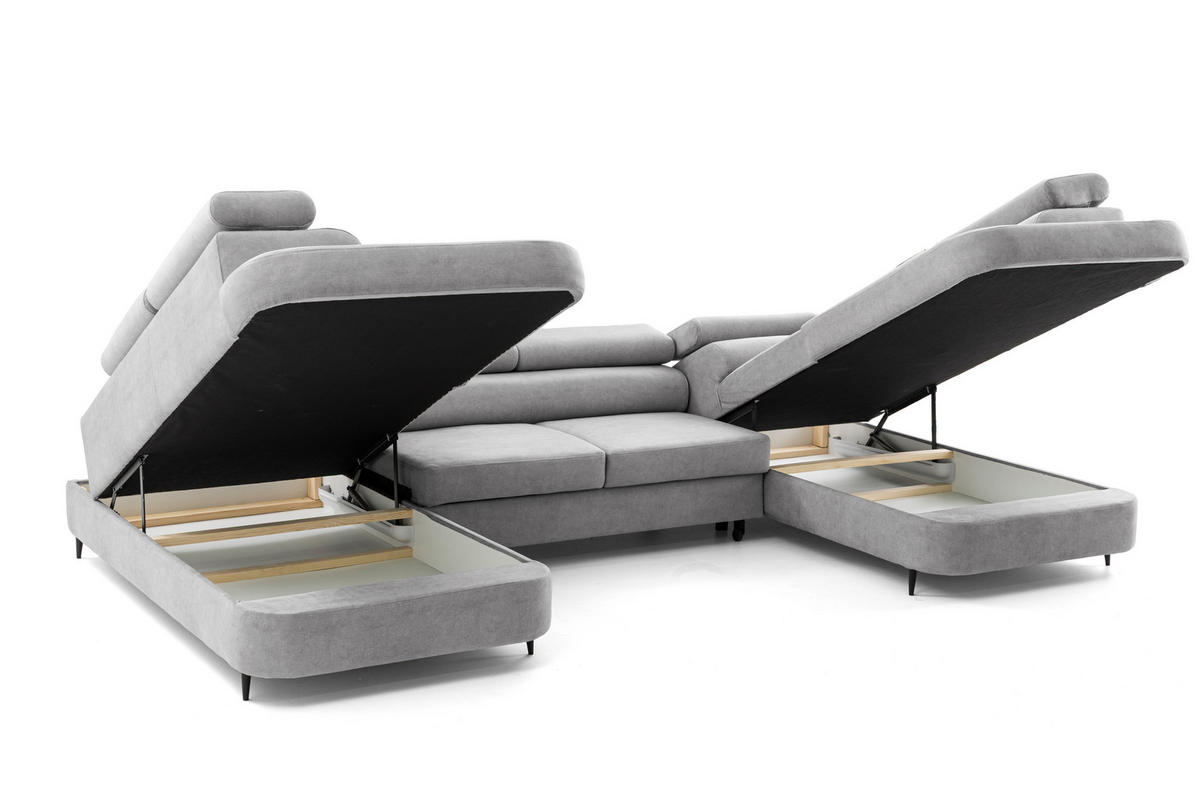 ECKSOFA U-Form PRIAM U2 mit Schlaffunktion 126x270 Velours Hellgrau - Chromfarben/Hellgrau, Holz/Textil (350/91/203cm) - Muffo