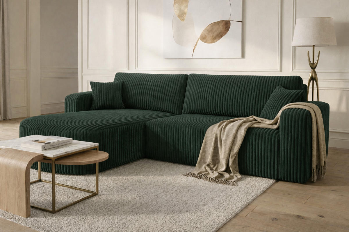 ECKSOFA Mit Schlaffunktion, Cordstoff Tilia, Grün, Links, ROUND ONE XL - Grün, Holz (271/175cm) - Kaiser Möbel