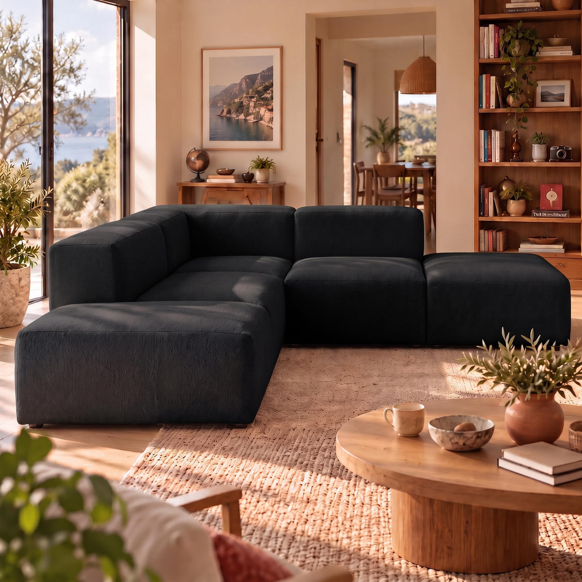 4-SITZER modulares Ecksofa HEAVEN SET 3 Links, Breite 270 cm Webstoff Schwarz - Schwarz, Holz/Kunststoff (245/270cm) - Muffo