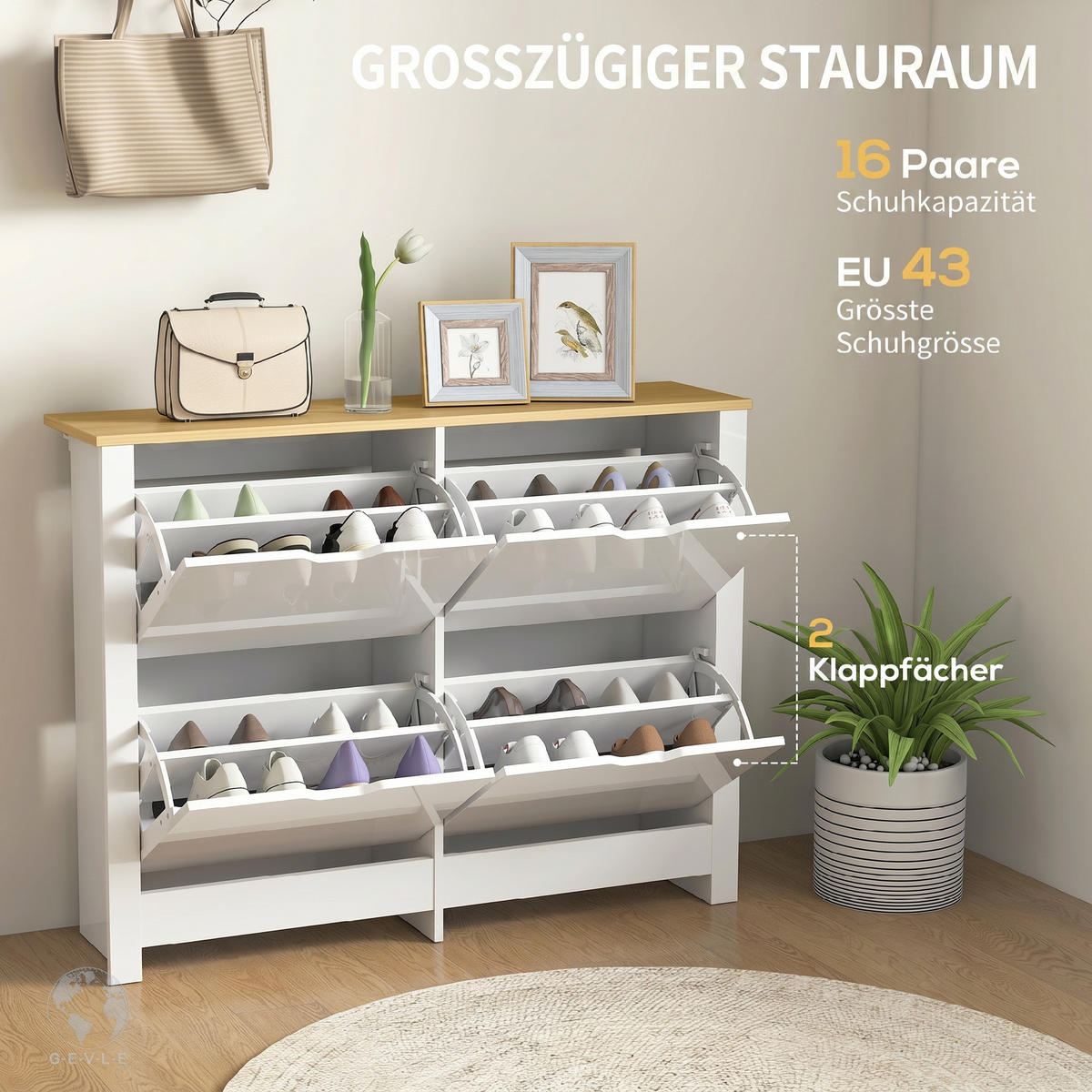 SCHUHSCHRANK,SCHMAL 4 Klappfächer 105x26x80cm,weiß+natur - Weiß, Holzwerkstoff (105/80/26cm) - Vallsero