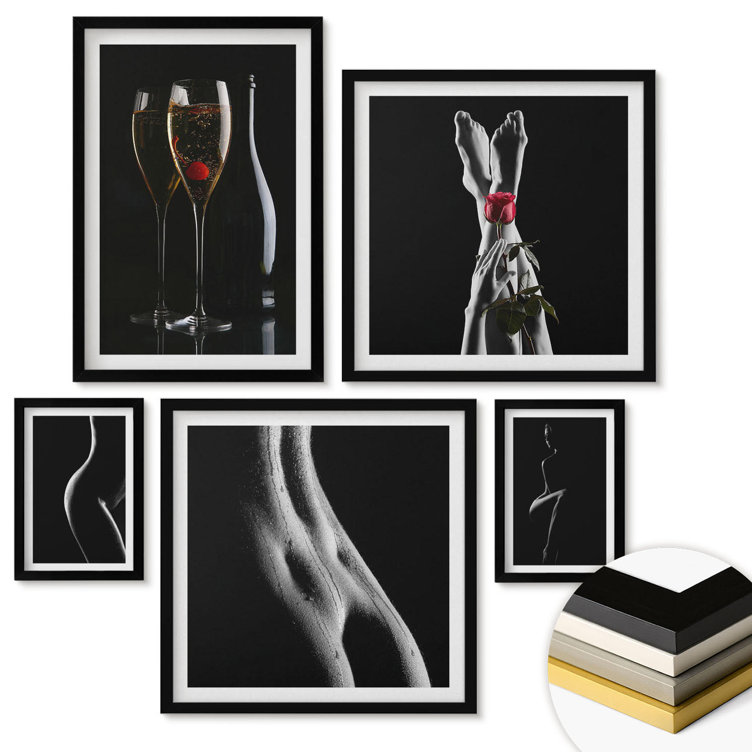 WANDBILDER 5er-Set - 50x50 cm & 20x30 cm & 40x60 cm Schwarzer Rahmen - Schwarze und weiße weibliche Formen - Schwarz, Kunststoff (40/60cm) - ArtPrintCave
