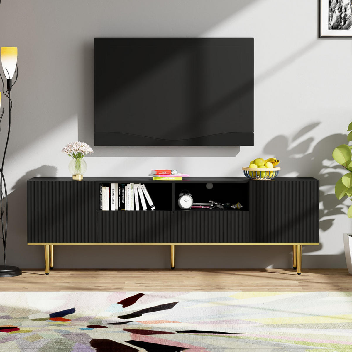 TV-SCHRANK Modern Schwarz mit goldenen Füßen & goldenem Rand - Schwarz, Holz (43/19.5/97cm) - FLIEKS