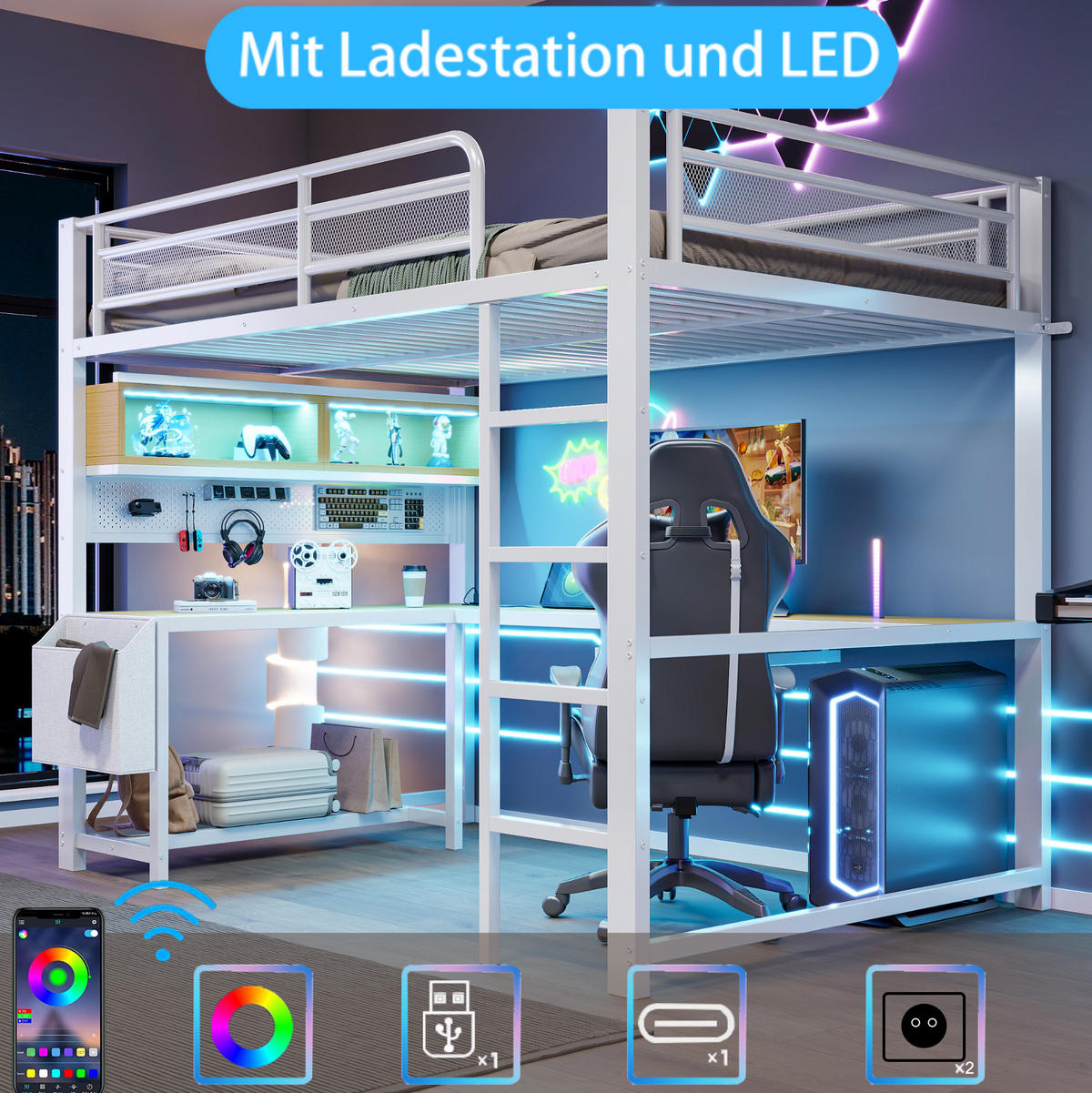 HOCHBETT 140x200 cm in Weiß mit Schreibtisch, LED-Beleuchtung und Ladestation - Weiß, Holzwerkstoff (140/200cm) - IVMEU