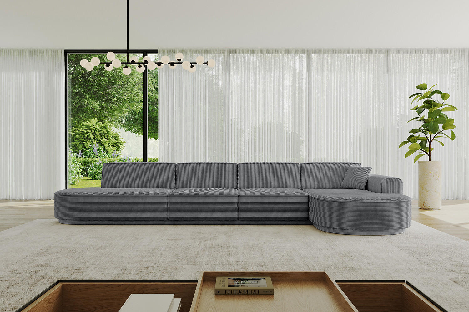 ECKSOFA Ottomane Rechts MARI-L3-v3 - 413x171x83 cm Dunkelgrau Cord - Dunkelgrau/Schwarz, Holzwerkstoff/Kunststoff (171/413cm) - ALTDECOR