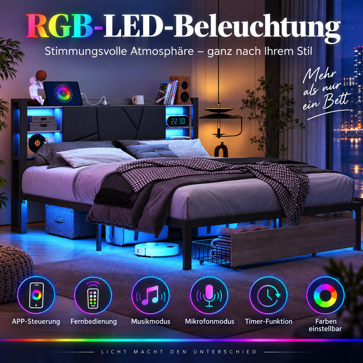 POLSTERBETT 140/200 cm mit LED & USB-Kopfteil und Schubladen, modernes Metallbett - Schwarz, Holz/Metall (140/200cm) - Joyfair