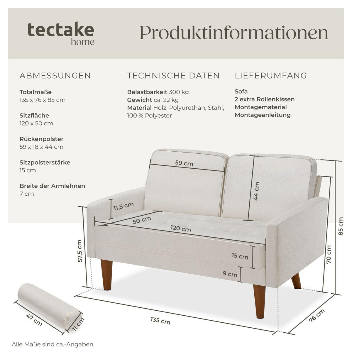 SOFA Skagen, 135 x 76 x 85 cm, Samtoptik creme - Creme/Braun, Kunststoff/Textil (135/85/76cm) - tectake