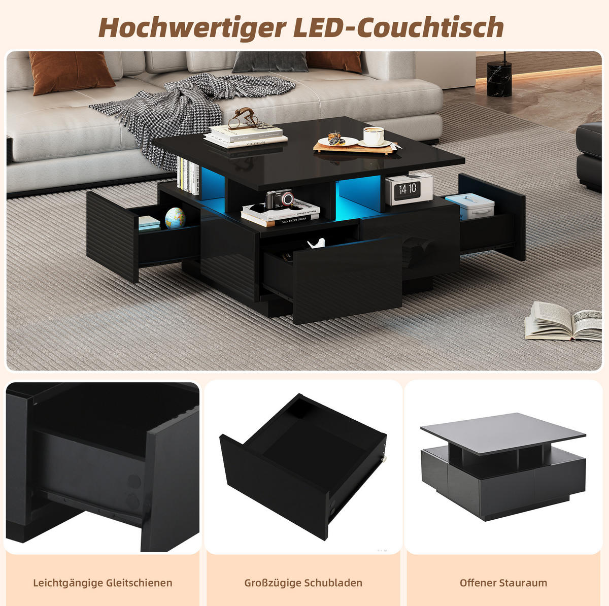 COUCHTISCH aus Spanplatte 70x70x40 cm Schwarz in Hochglanz mit LED-Beleuchtung und 4 Schubladen - Schwarz, Holzwerkstoff (70/70/40cm) - IVMEU