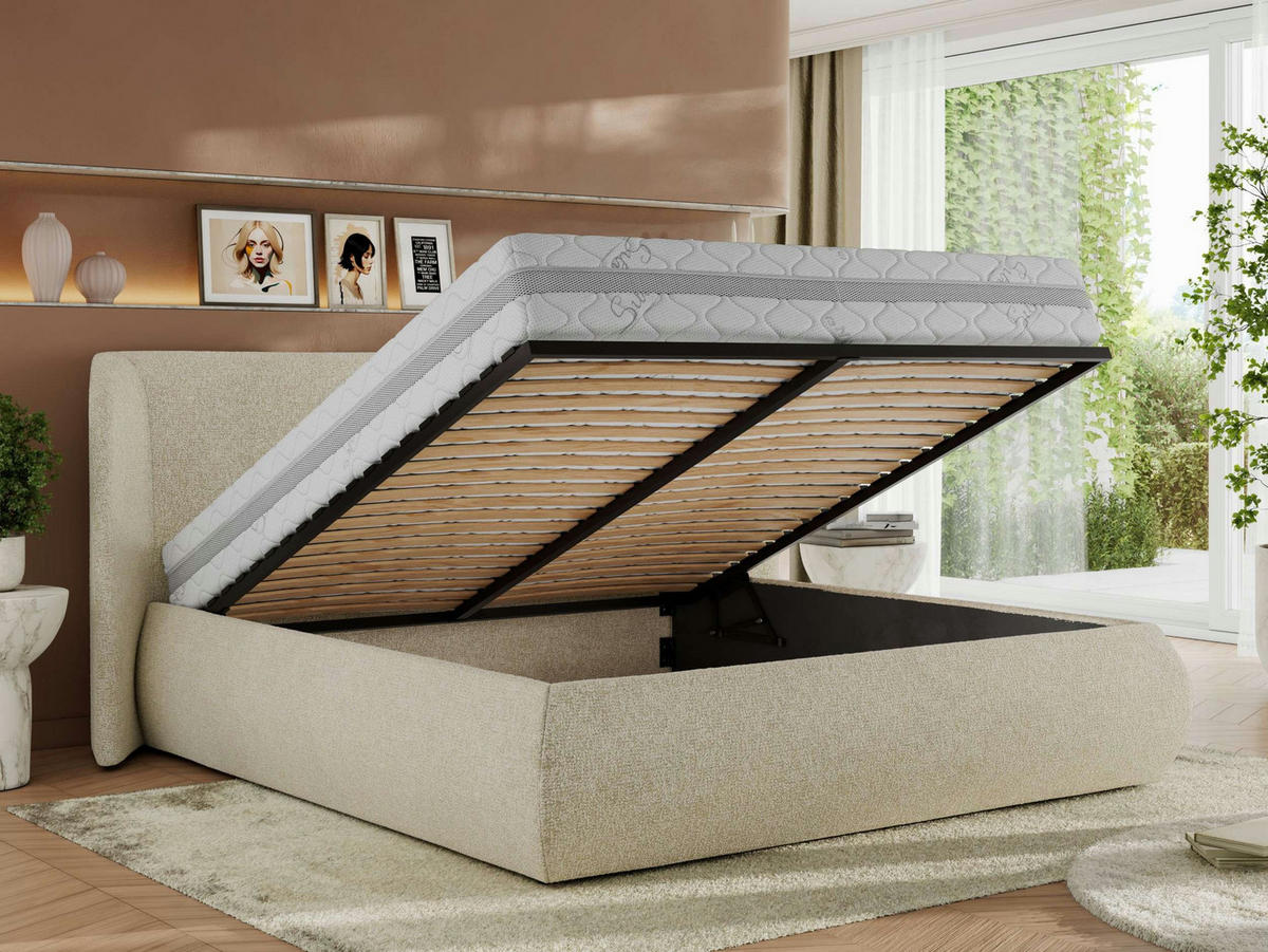 POLSTERBETT CAELA CLASSIC 160/200 - Creme Strukture - Pocket-Matratze - Creme, Textil (160/200cm) - MKS