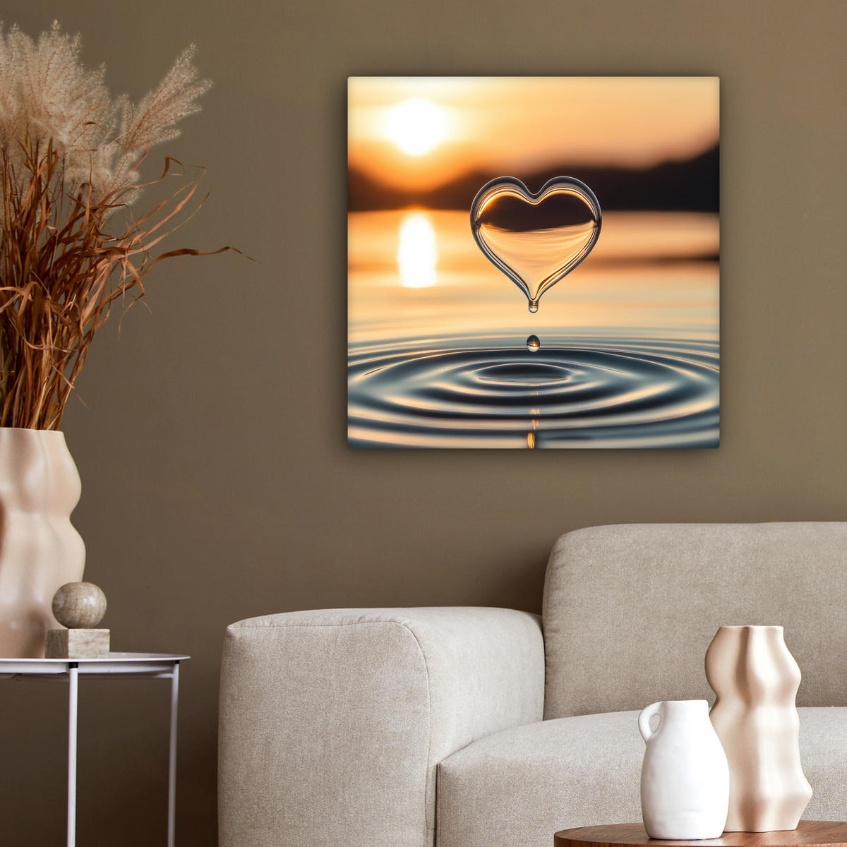 LEINWANDBILD - Herz - Wasser - Sonnenuntergang - Natur - Zen - 50x50 - Room Decor - Bernsteinfarben, Textil (50/50cm) - MuchoWow
