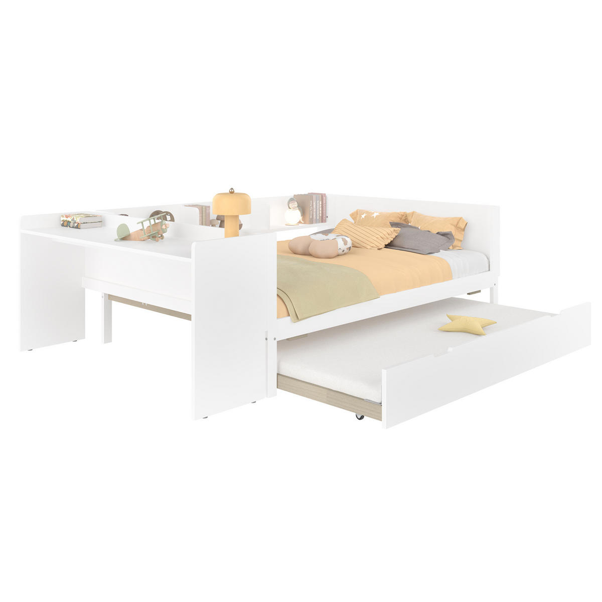 BETT 140/200 cm mit Schreibtisch, Rollbett und Regalen aus Kiefernholz in Weiß - Weiß, Holz (140/200cm) - BEAOK