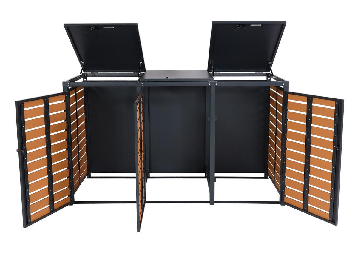 MÜLLTONNENBOX 3er HxBxT 119x205x84cm Teak-Optik WPC Metall 109kg - Teakfarben, Metall (205/119/84cm) - PROREGAL