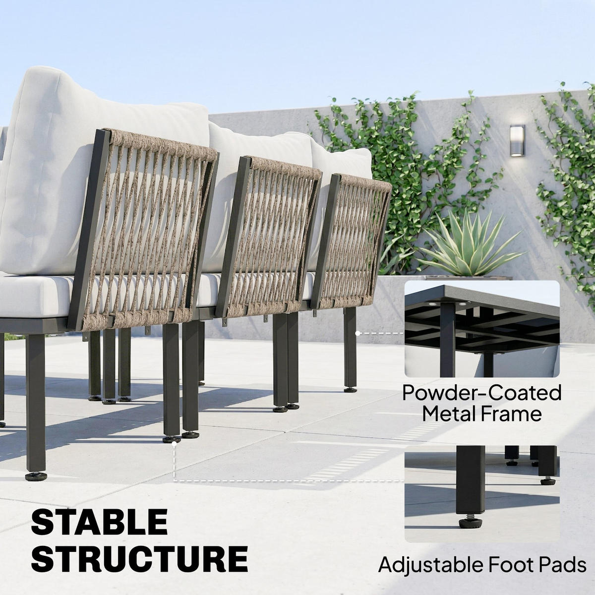 LOUNGE GARTENMÖBEL SET DE-06609, 2 Stühle, Eckstuhl, Lamell-Tisch, Fußhocker - Hellgrau, Textil/Metall - ComfortXL