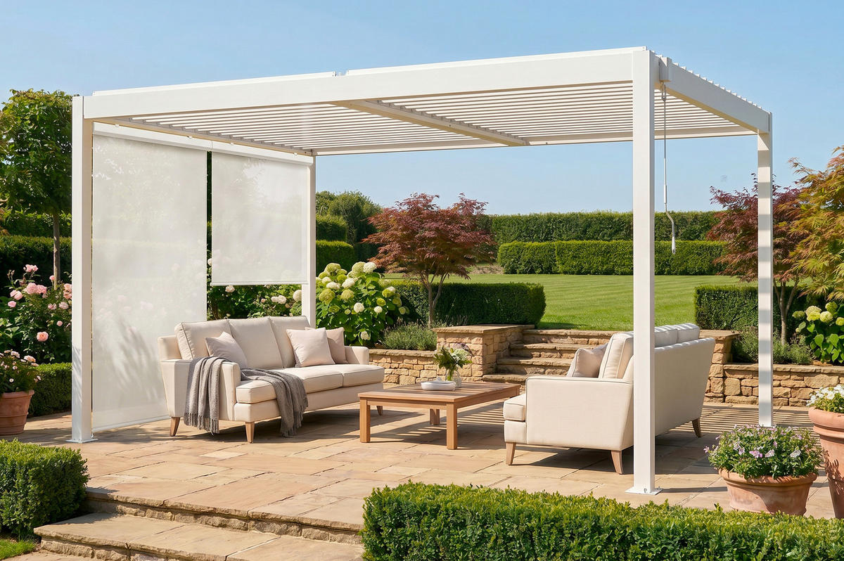 PERGOLA bioklimatisch PIANA 4x3m freistehend, weißes Aluminium, einziehbare Lamellen an der 3m-Seite - Weiß, Metall (304/218/304cm) - Cazeboo