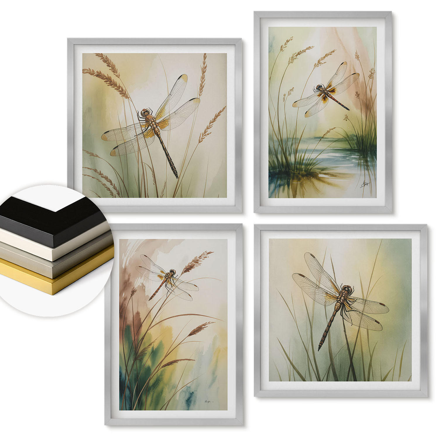 WANDBILDER 4er Set - 50x50 cm & 40x60 cm Silberner Rahmen - Libellen im Gras, Wassermalerei - Silberfarben, Kunststoff (50/50cm) - ArtPrintCave