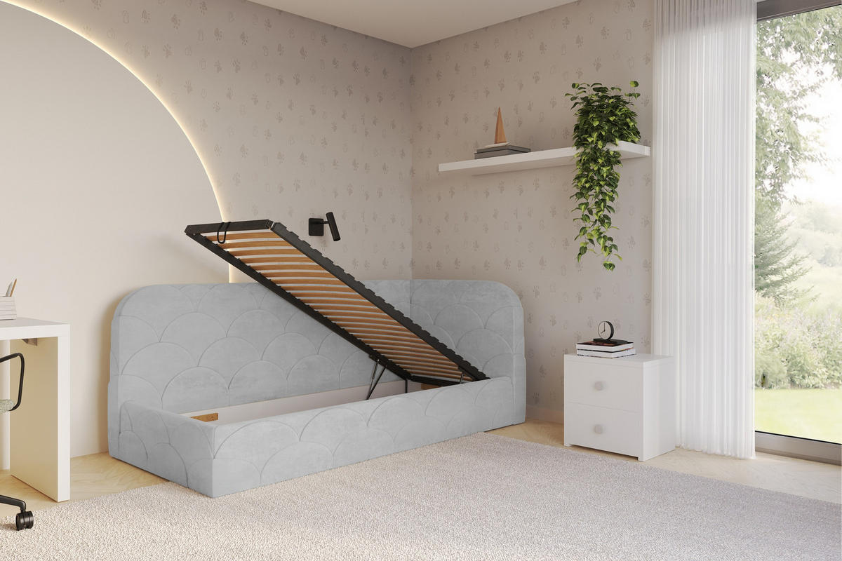 EINZELLBETT Jugendbett mit Bettkasten und Matratze H3/H4, Links - ELRY 90x200 Grau - Hellgrau, Holzwerkstoff/Textil (90/200cm) - ALTDECOR