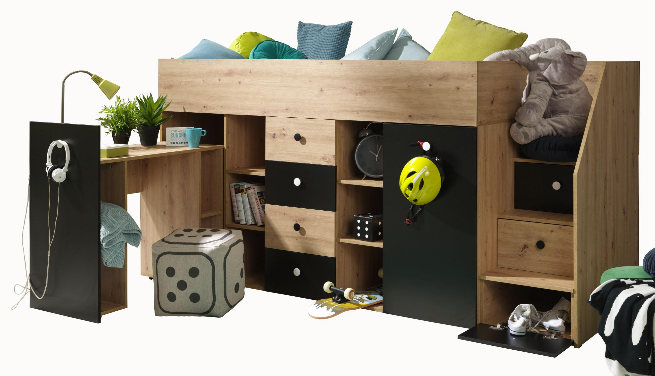 Möbel Kryspol Hochbett Eiche Artisan, Schwarz 90x200 cm