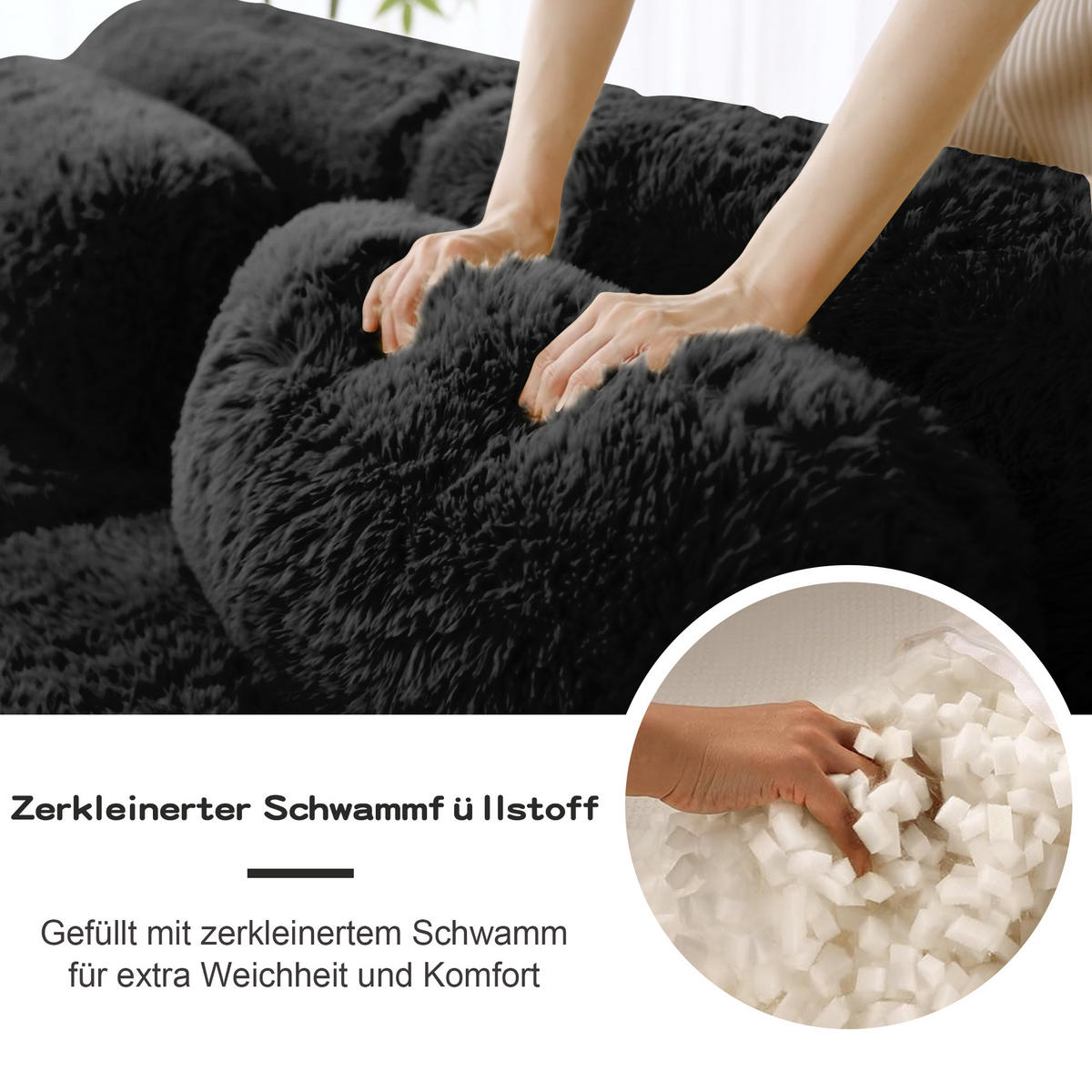 3-SITZER Sofa 291x179x73 cm aus Plüschstoff rahmenlos modular mit Ottoman, schwarz - Schwarz, Textil (179/73/291cm)