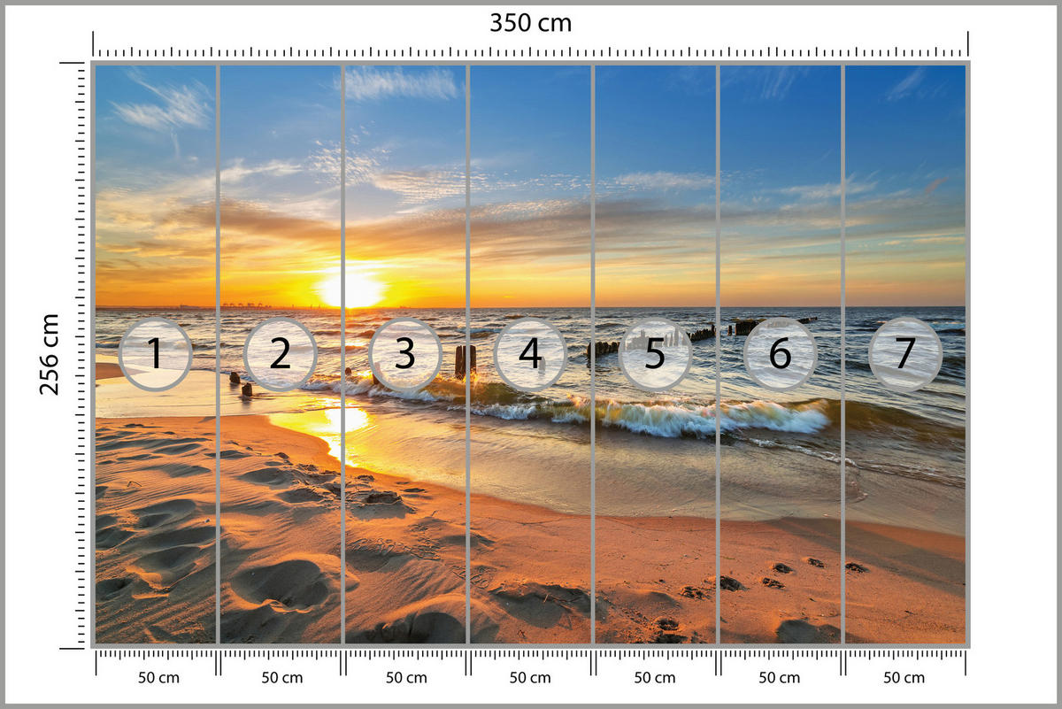 FOTOTAPETE für Schlafzimmer Sonnenuntergang Meer Landschaft Strand 350x256 - Beige/Orange, Papier (350/256cm) - Muralo