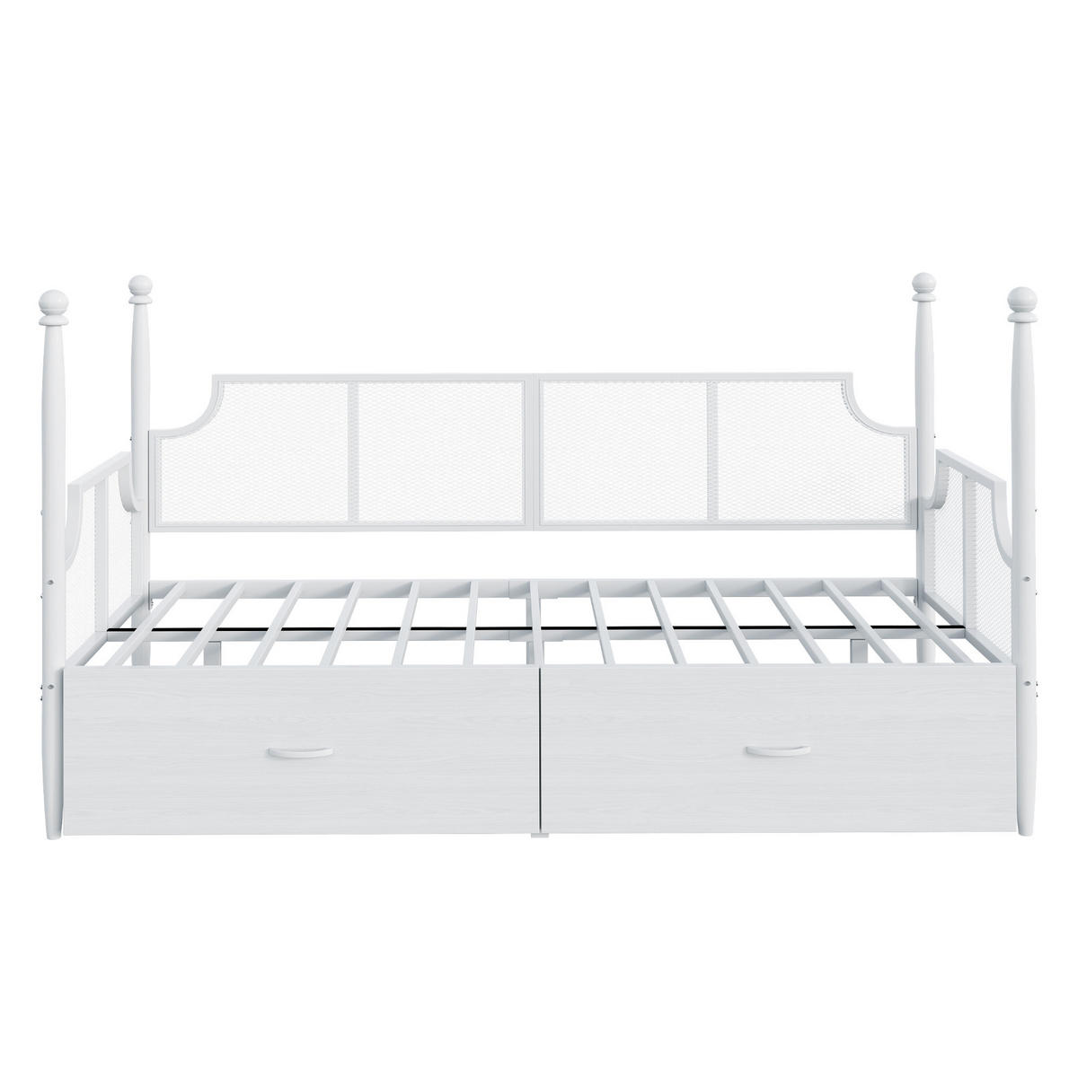 METALLBETT 90/200 cm weiß mit Vintage-Rückenlehne und Ablagefächern - Weiß, Metall (90/200cm) - OKWISH