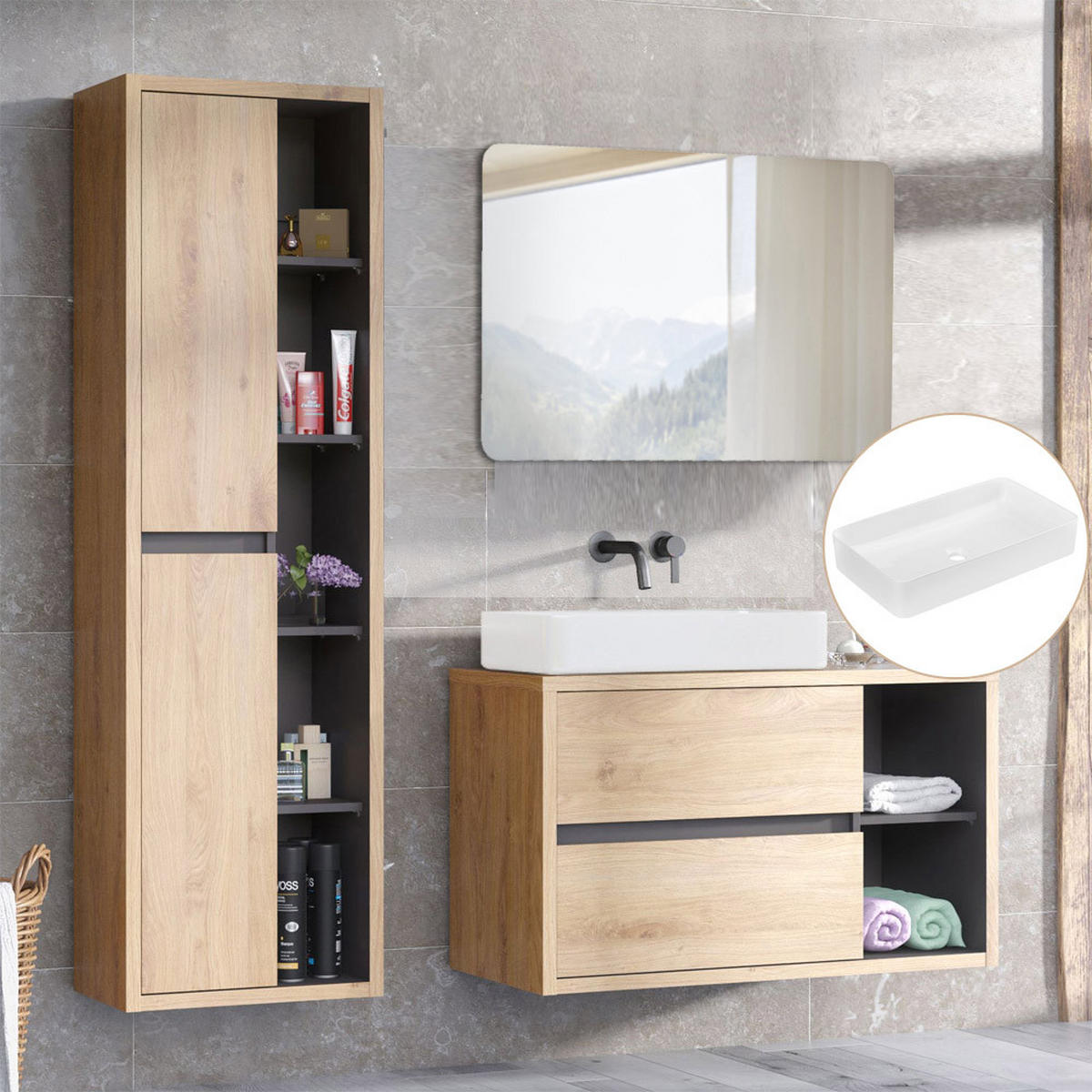 BADMÖBEL-SET 3-TLG. Danzig-56 - Braun, Holzwerkstoff (173/200/46cm) - Lomado