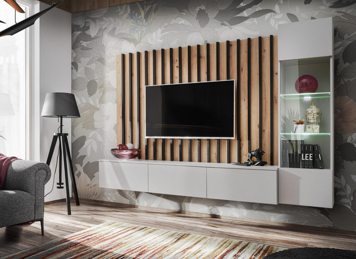 WOHNWAND grau, Artisan Eiche 220 cm, Schrankwand mit LED Beleuchtung - Eiche Artisan/Grau, Glas/Holzwerkstoff (200/148/35cm) - Furn.Design