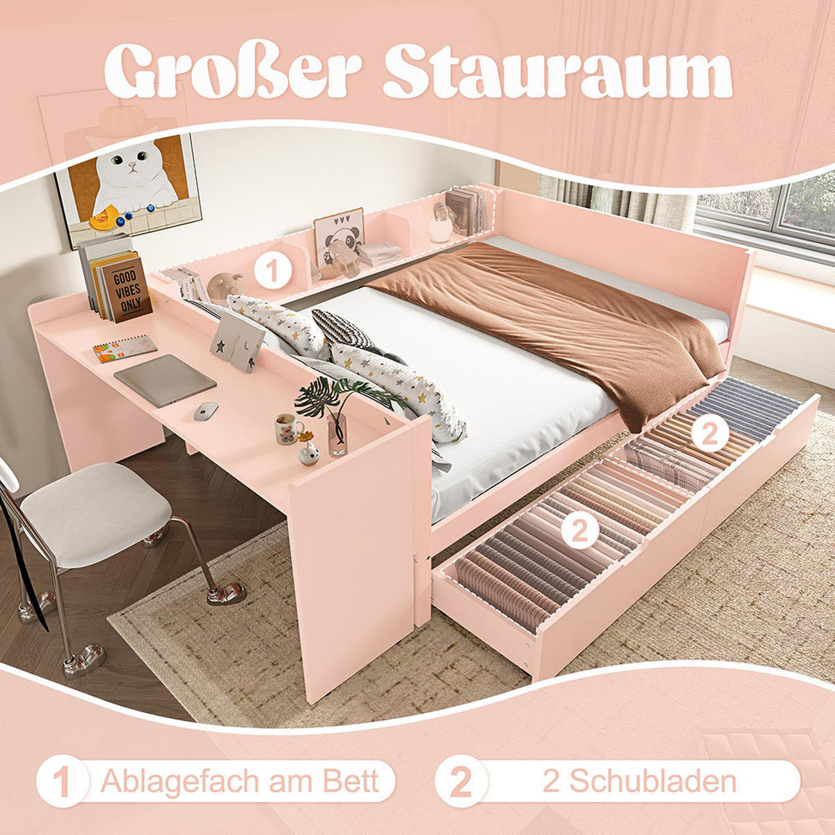 DOPPELBETT 140x200cm mit 2 Schubladen，Rosa - Pink, Holz (140/200cm) - KOMHTOM