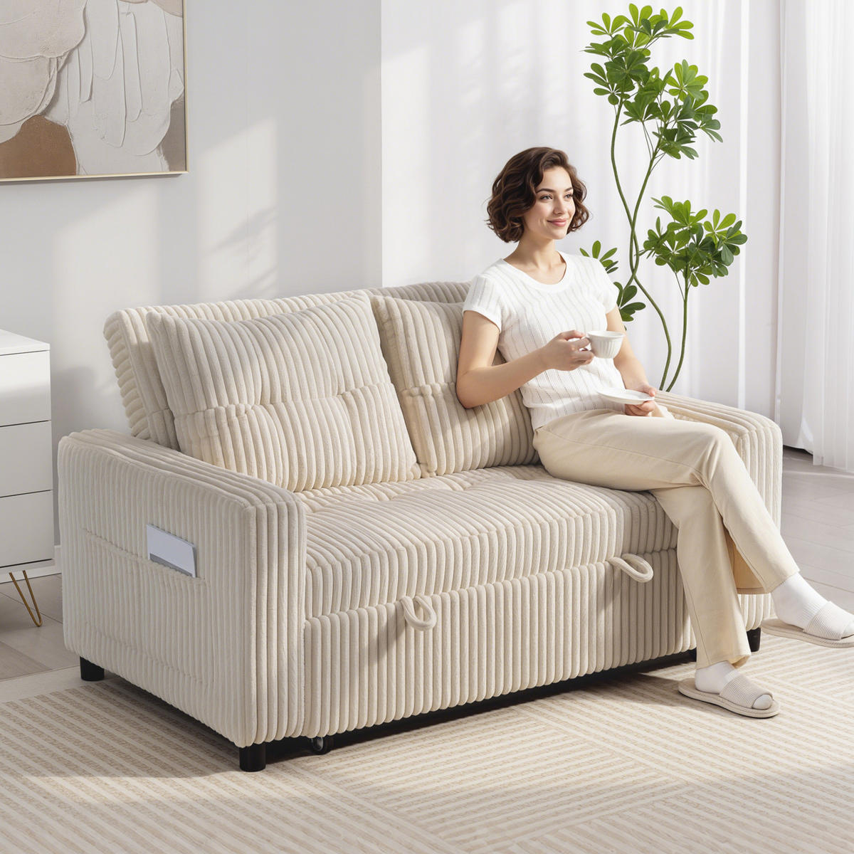 2-SITZER Schlafsofa Creme 157.0/90.0/91.0 cm - Creme, Textil (90/91/157cm)