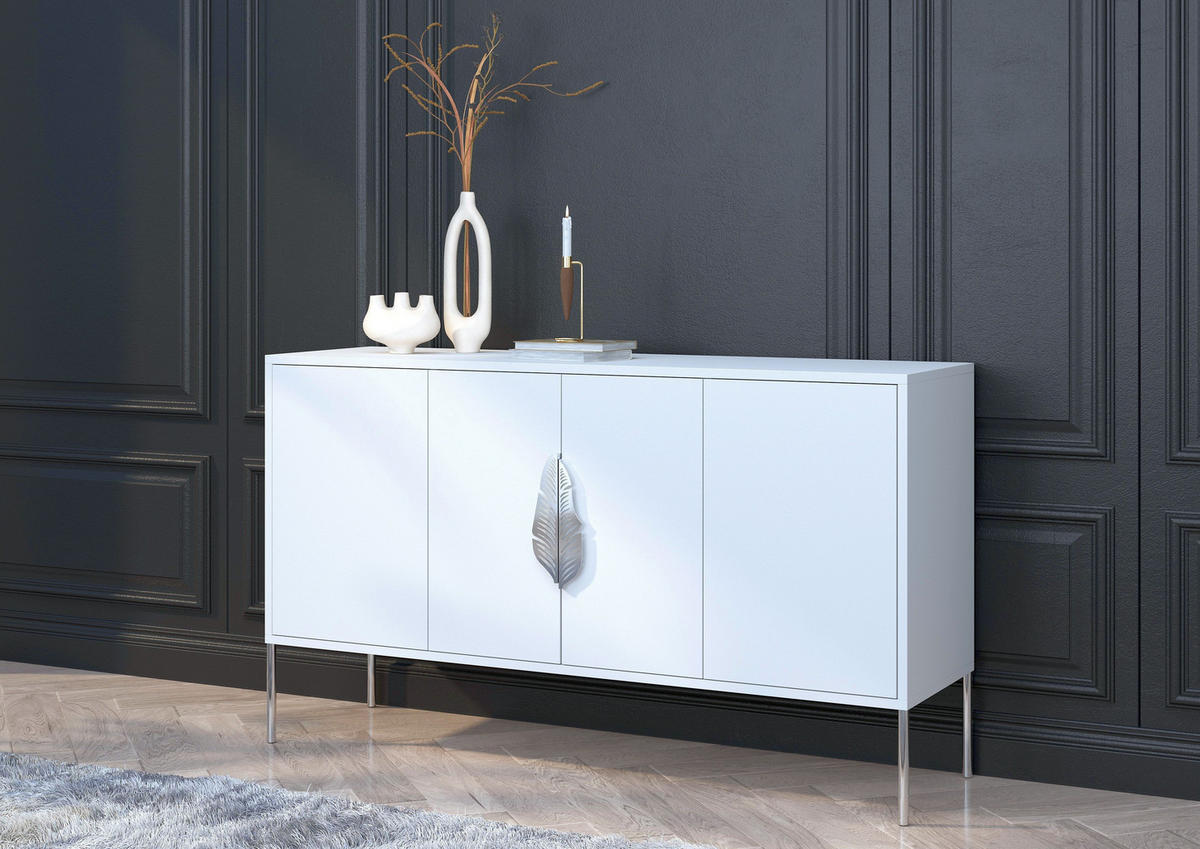 SIDEBOARD Merlin, Weiß, Silberne Details - Silberfarben/Weiß, Holzwerkstoff/Metall (138/79/40cm) - Skandica