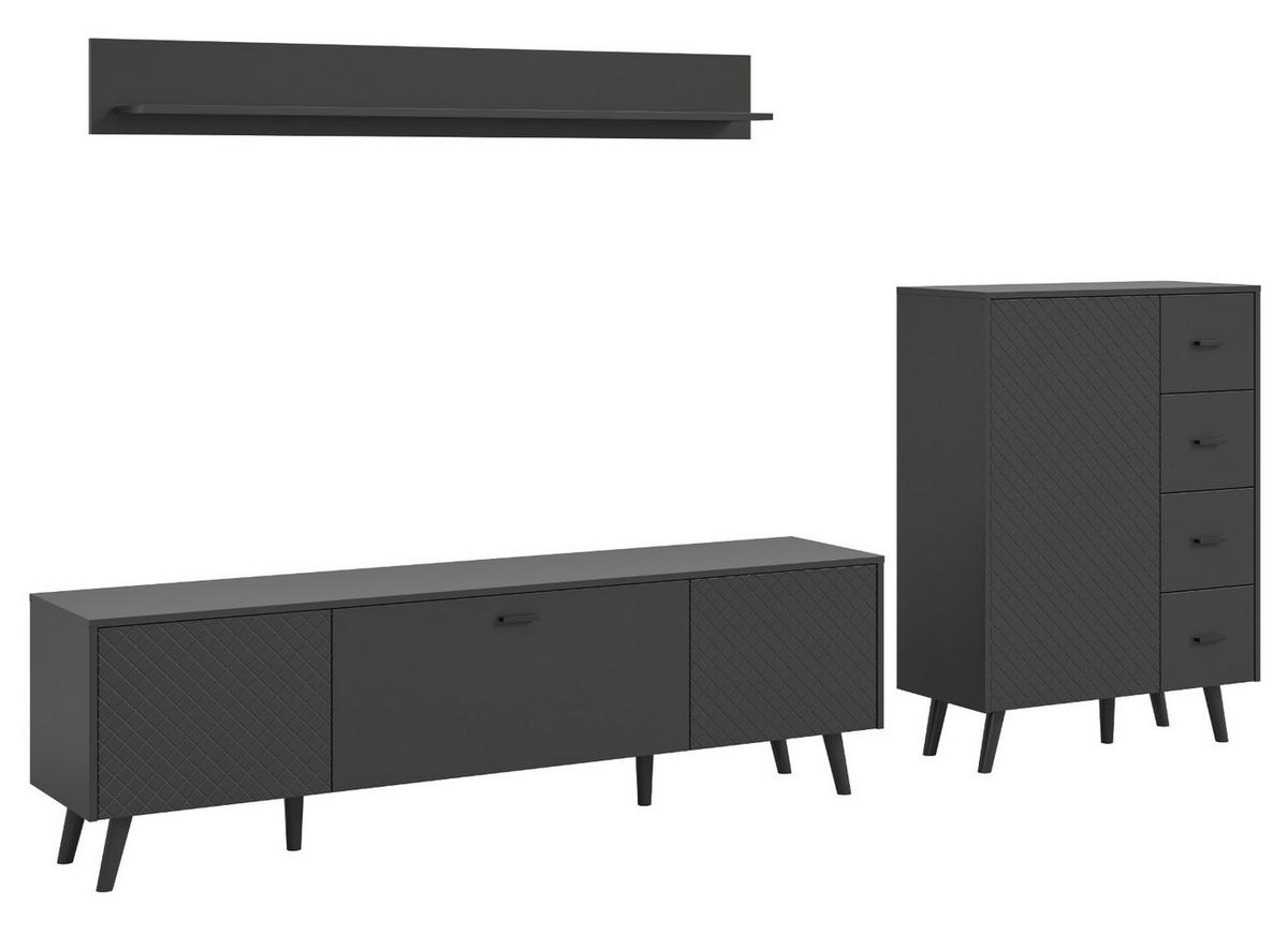 WOHNWAND grau matt 3-teilig 269 cm, Schrankwand mit Struktur - Schwarz/Grau, Holzwerkstoff/Metall (269/175/40cm) - Inn.Furn