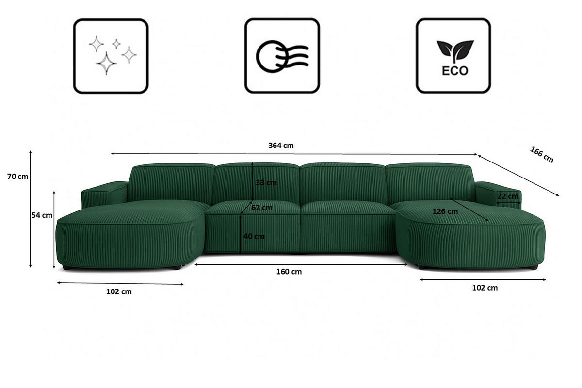 ECKSOFA Cursal Round U-Form, Stoff Poso, Grün - Grün, Holz (364/166cm) - Kaiser Möbel