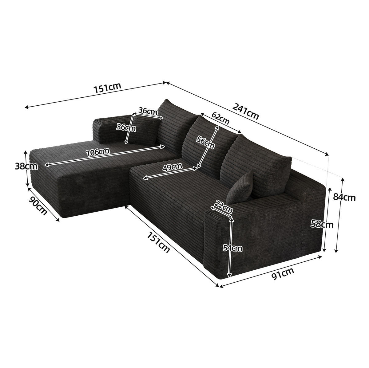 ECKSOFA 241 cm aus Stoff mit Cordbezug und ohne Montage Schwarz - Schwarz, Textil (151/241cm) - Modenvie