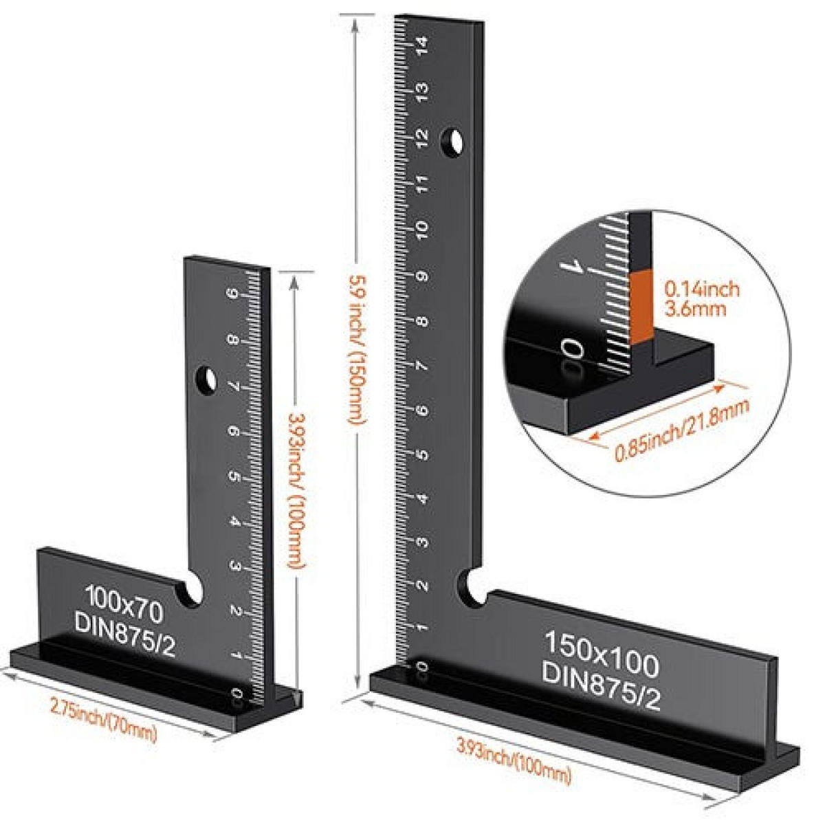 MESSLINEAL – mit Skala, Aluminium – 150 x 100 mm + 100 x 70 mm - Schwarz, Metall (10/2.2/15cm) - DCA