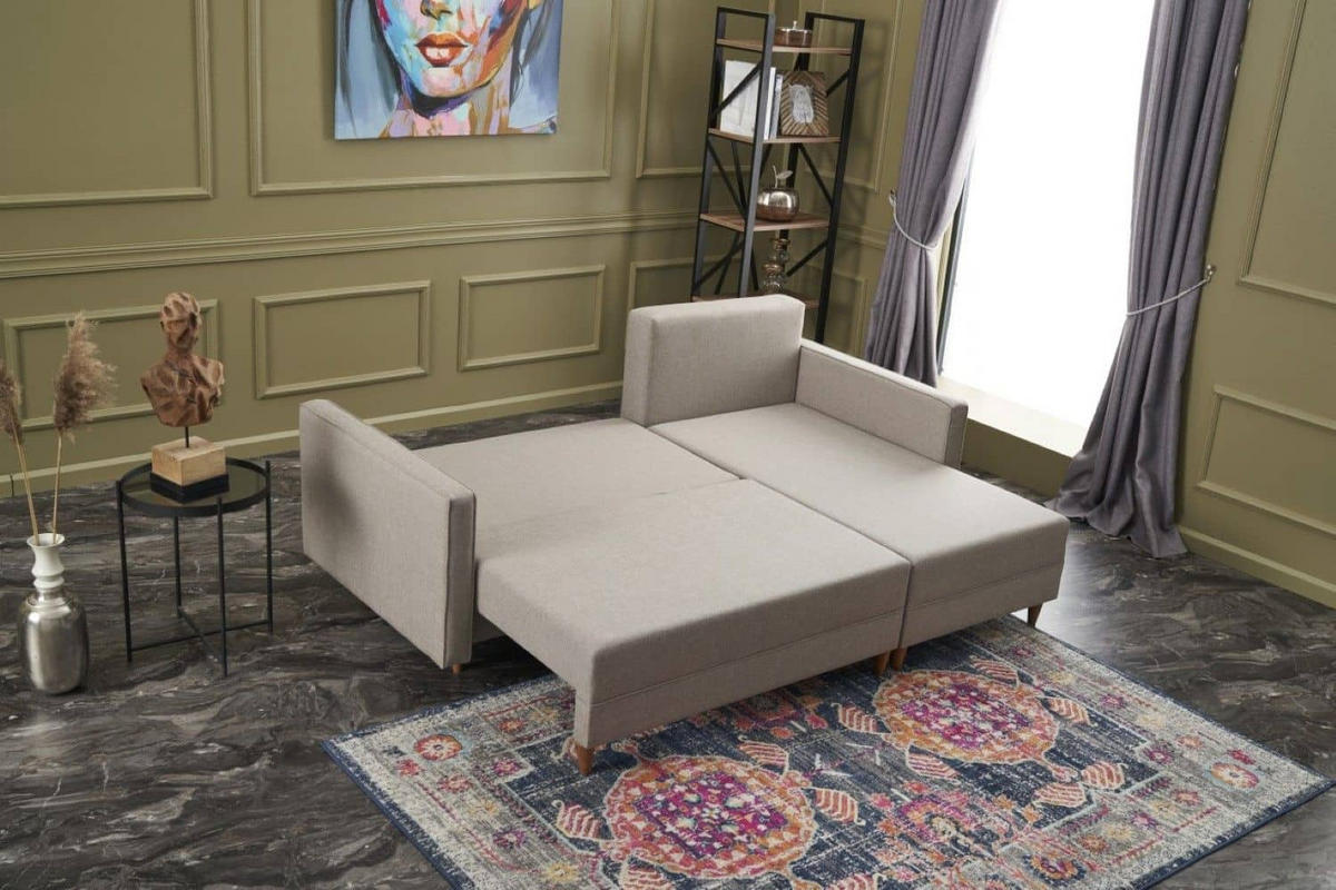 ECKSOFA mit Schlaffunktion, 215 cm Gesamtbreite - Beige/Creme, Holz/Buchenholz (150/215cm) - myHomelando