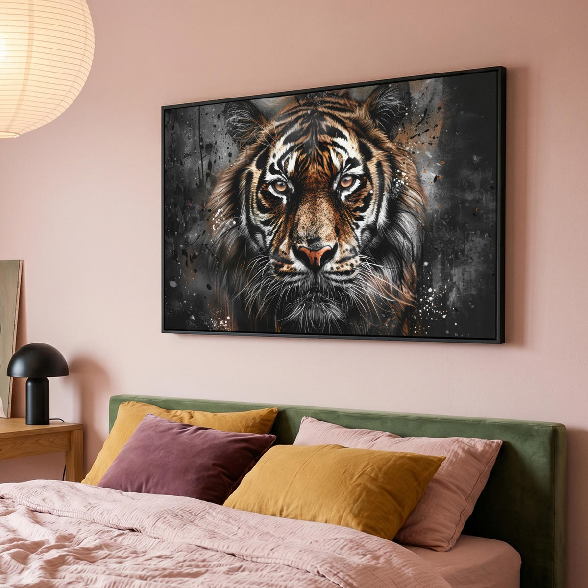 LEINWAND Bilder mit Rahmen - Tiger - Tiere - Porträt - Luxus - Schwarz - 140x90 - Braun, Textil (140/90cm) - MuchoWow