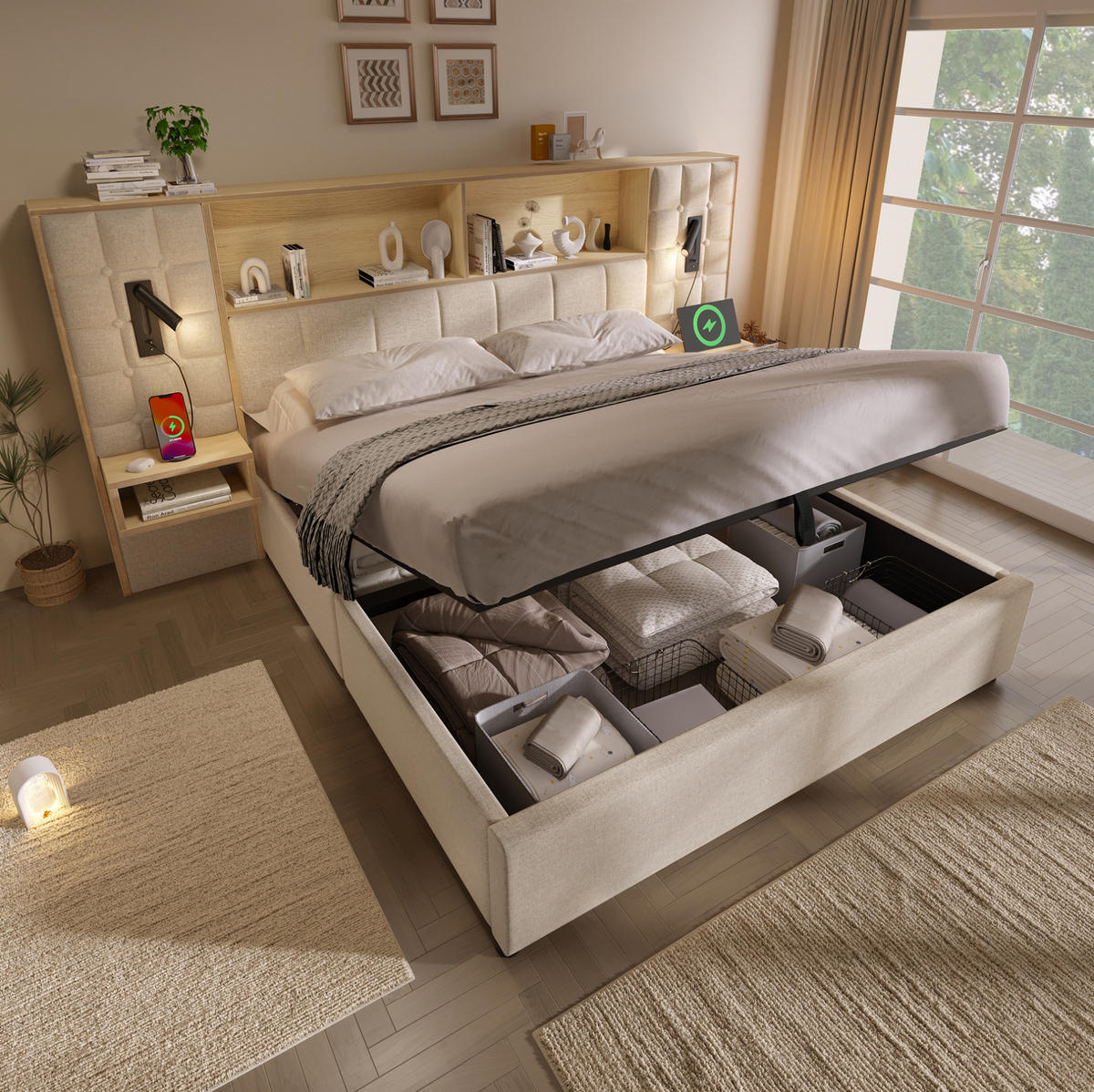 POLSTERBETT 180/200 cm aus Leinen mit Stauraum LED-Leselampen und Nachttischen Beige - Beige, Textil (180/200cm) - Modenvie
