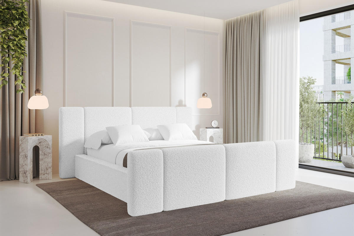 POLSTERBETT mit Bettkasten, Fußteil und Lattenrost, Bett mit Matratze H3/H4 - RIVO-Z 180x200 Weiß - Weiß, Holzwerkstoff/Textil (180/200cm) - ALTDECOR
