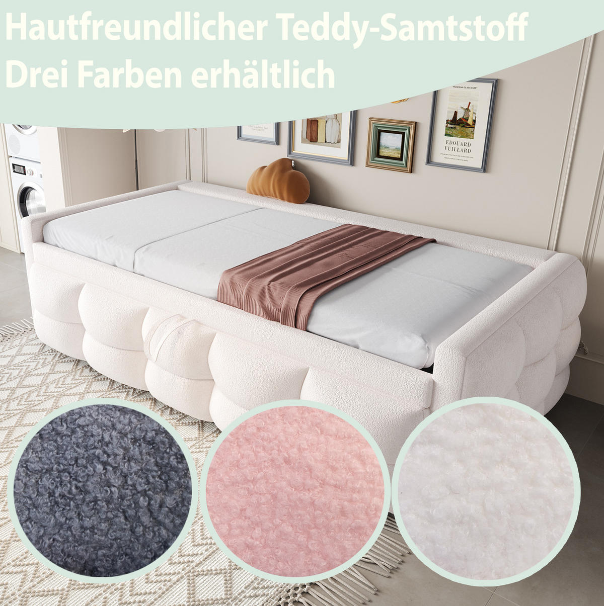ČALÚNENÁ posteľ 90/180 x 190 cm s výsuvným lôžkom a lamelovým roštom z látky Teddy, Béžová - béžová, textil (90/190cm) - Redom