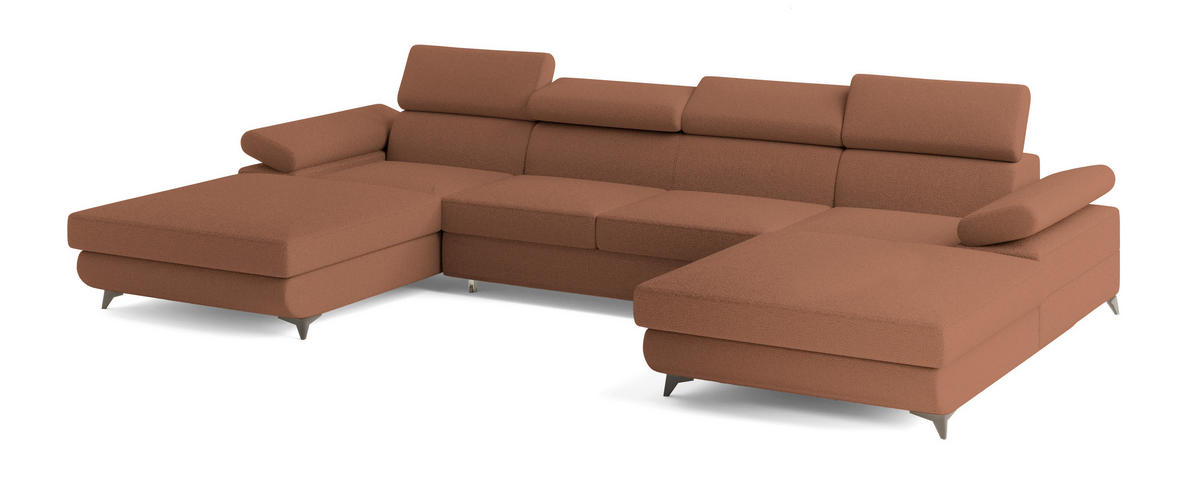 WOHNLANDSCHAFT DETTI Kupferfarben Boucle-Stoff mit Schlaffunktion - Kupferfarben, Holz (339/89/190cm) - MASSENO