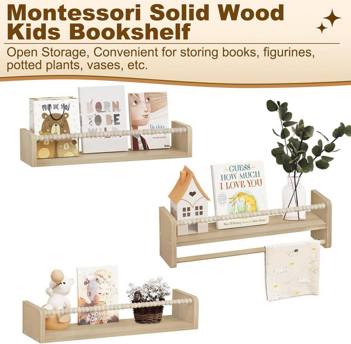 KINDER-WANDREGAL 3er Set, Massivholz, 50 x 15 x 14 cm - Naturfarben, Holz (50/15/14cm) - Woltu