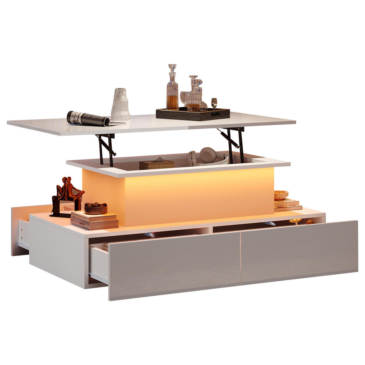 COUCHTISCH 90/55/41 cm weiß mit LED-Beleuchtung und 4 Schubladen - Weiß, Holzwerkstoff (90/55/41cm) - OKWISH