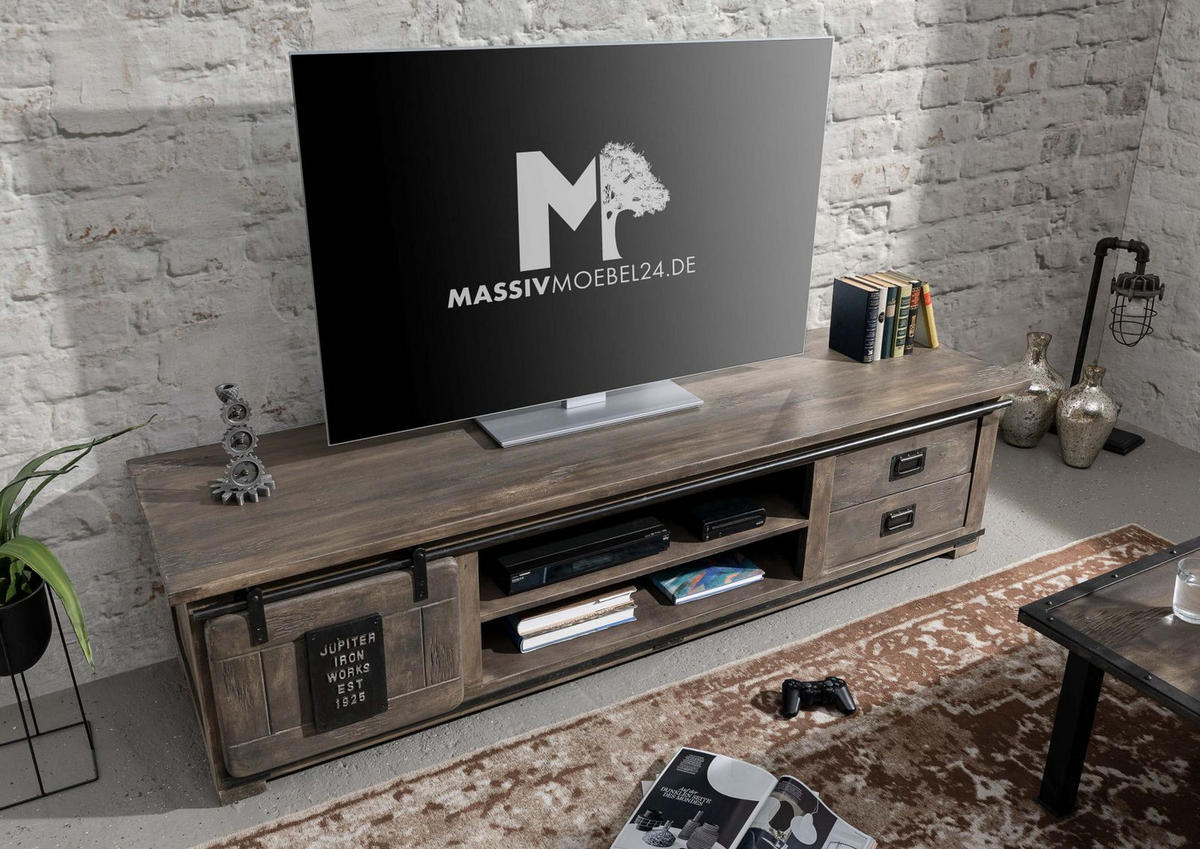 TV-BOARD Mango 200x55x50 grau lackiert RAILWAY #236 - Grau, Holz (200/50/55cm) - Massivmoebel24