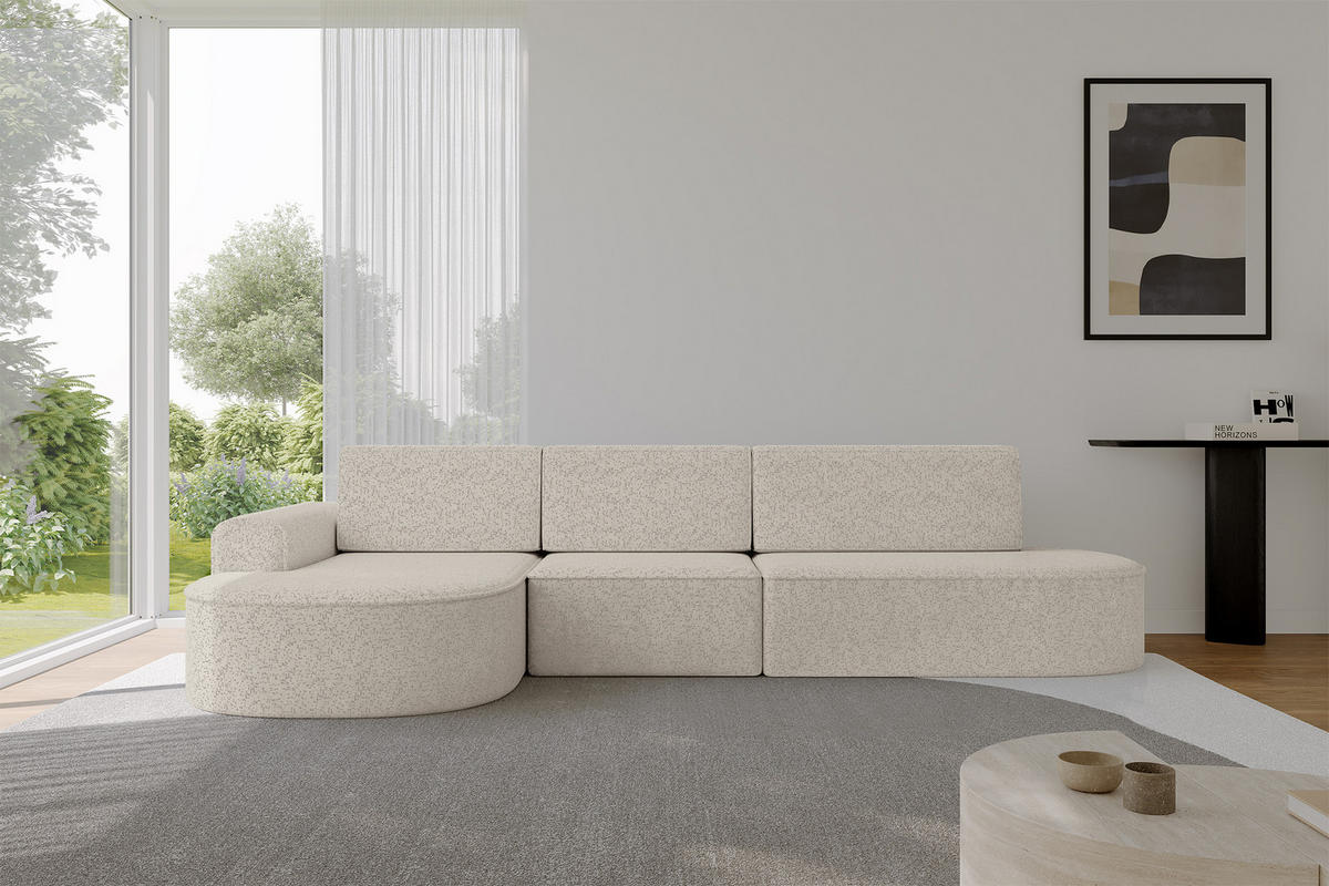 ECKSOFA mit Schlaffunktion Ottomane Links MARI L2-S 368X167X85 Beige Velours - Ecru/Schwarz, Holzwerkstoff/Kunststoff (368/167cm) - ALTDECOR