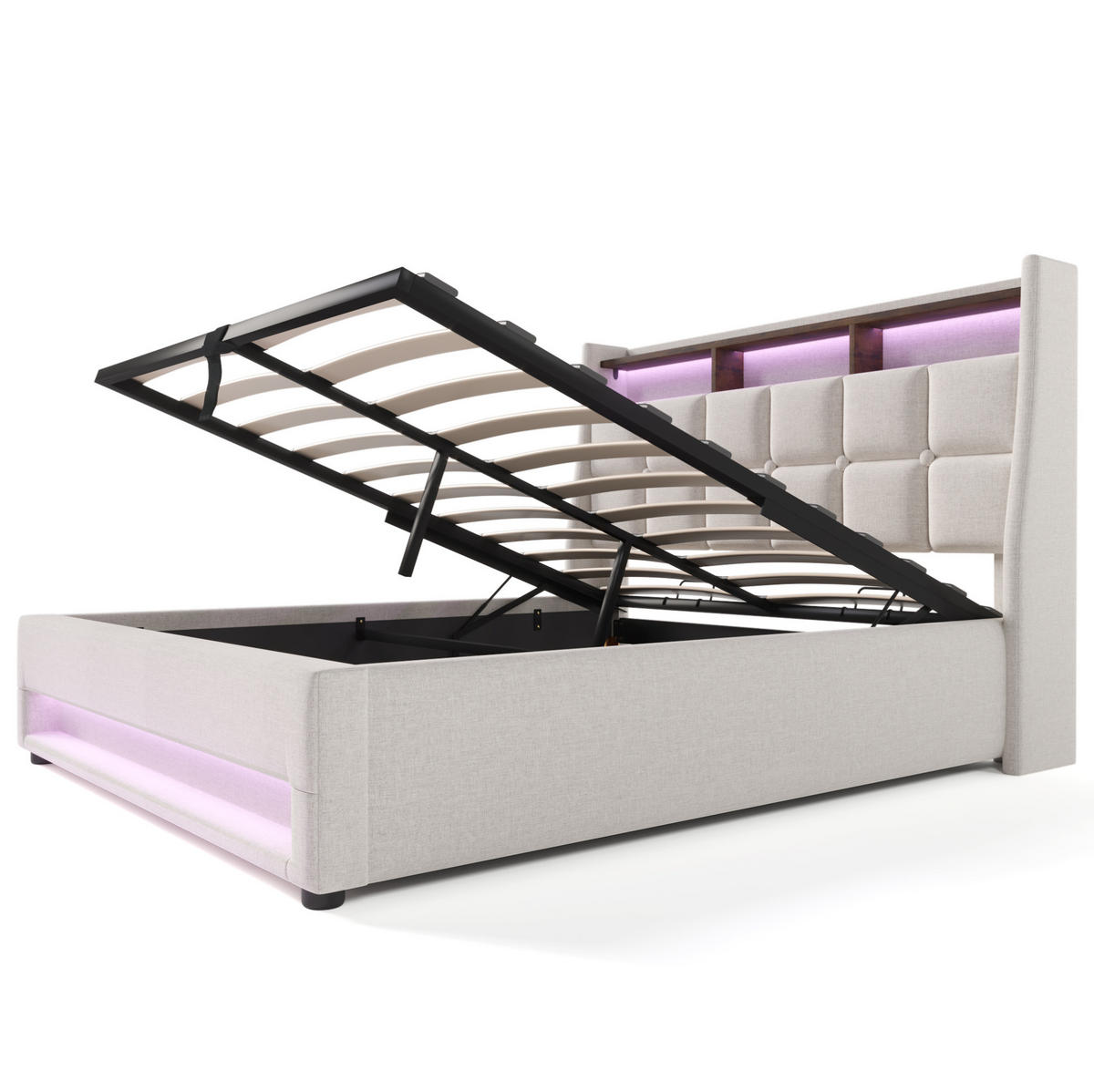 POLSTERBETT mit USB, LED und Bettkasten 140x200 cm Beige inklusive Matratze - Beige, Metall (140/200cm) - Meubliv