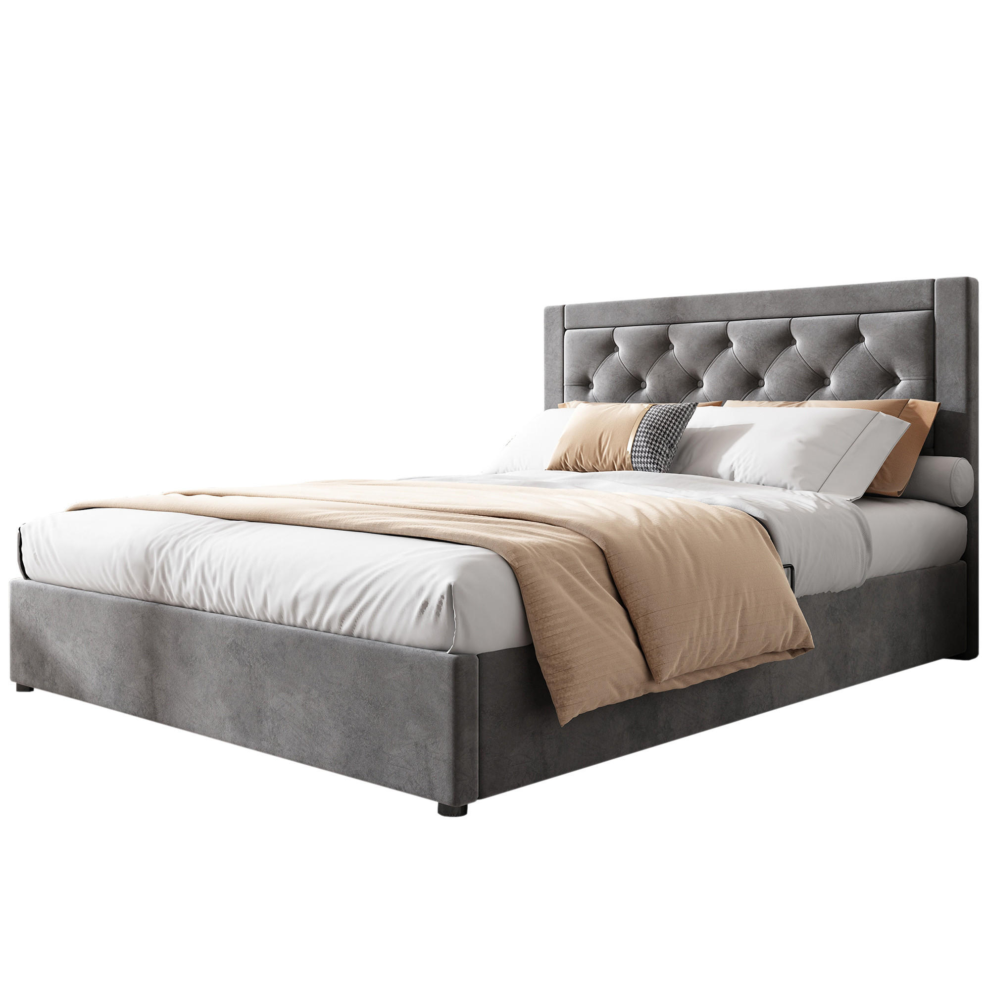 POLSTERBETT 140/200 cm mit Stauraum, Samtbezug und Chesterfield-Kopfteil, Grau - Grau, Metall (140/200cm) - Redom