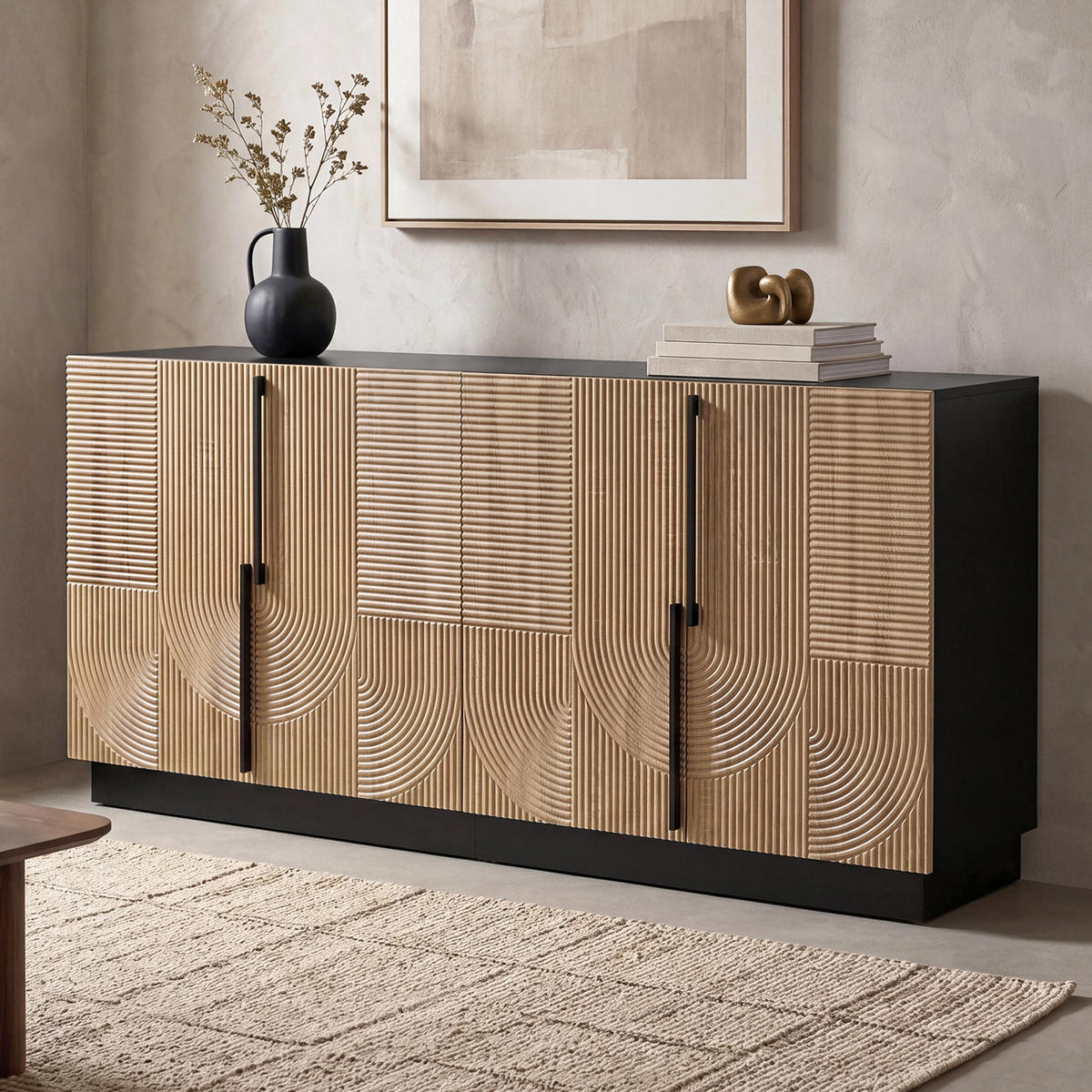 SIDEBOARD 4 Türen Relieffront Metallgriffe MDF Schrank Modern - Multicolor, Holzwerkstoff (160/76/42cm) - FLIEKS