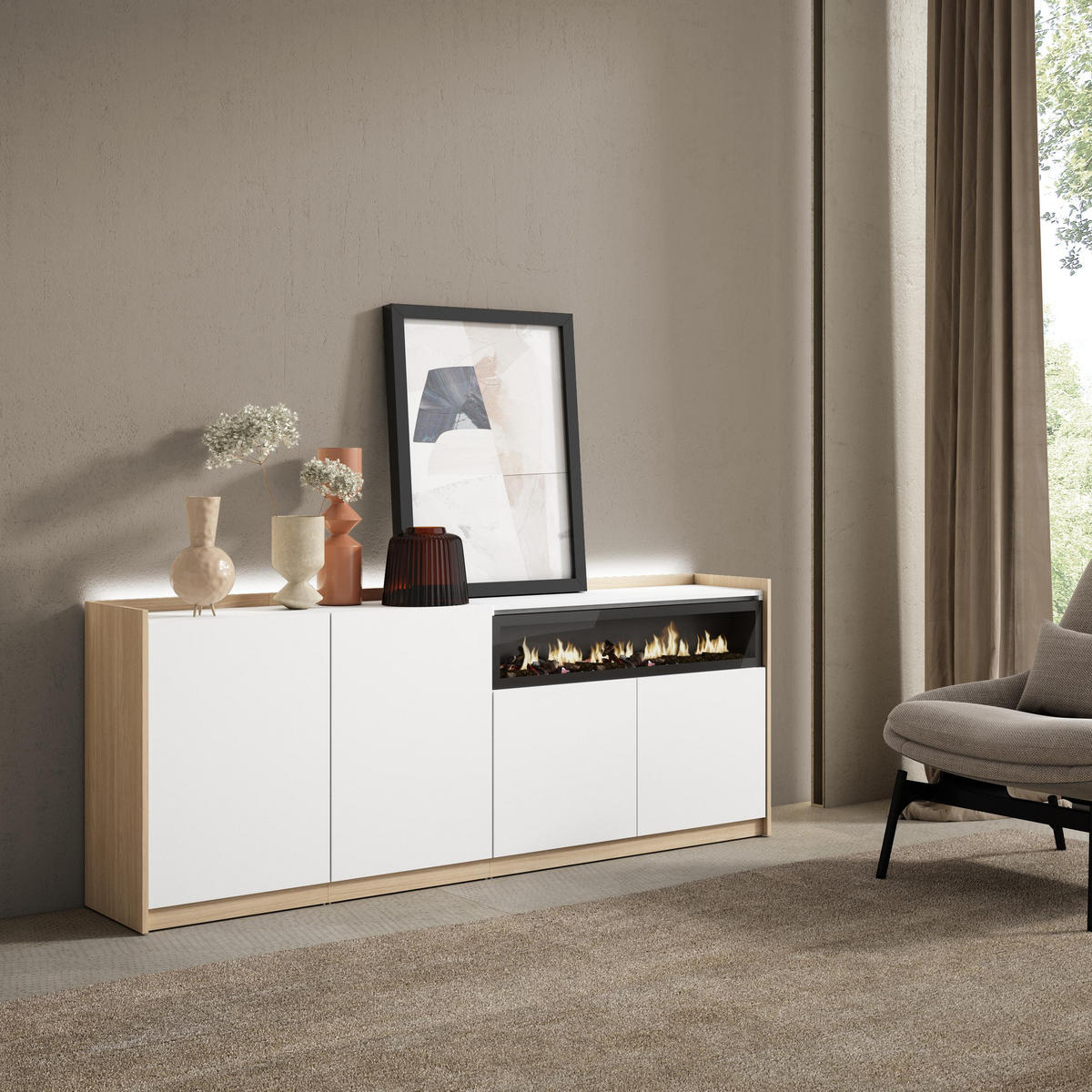 SIDEBOARD, Weiß und Eiche, 207/37/80cm, Kamin mit Feuereffekt - Weiß, Holzwerkstoff (207/80/37cm) - Skraut Home