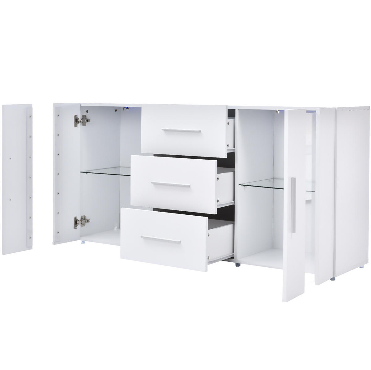 SIDEBOARD 140/35/70 cm in Weiß mit LED-Beleuchtung und 3 Schubladen - Weiß, Holzwerkstoff (140/70/35cm) - Flora Grace