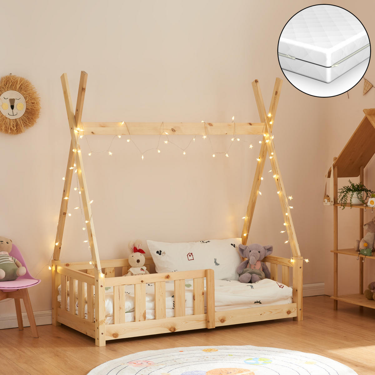 KINDERBETT Helsingborg mit Matratze - Naturfarben, Holz/Textil (70/140cm) - [en.casa]