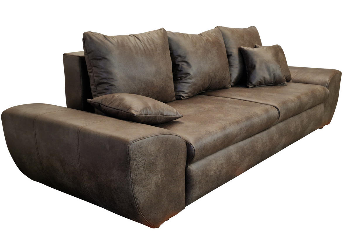 BIG-SOFA mit Schlaffunktion, Bettkasten, Wellenunterfederung B275/T98/H90 cm, Liegefläche 148x194 cm, Mikrofaser Leder-Optik Vintage Braun / 18008 - Dunkelbraun/Schwarz, Kunststoff/Textil (275/90/98cm) - luma-home